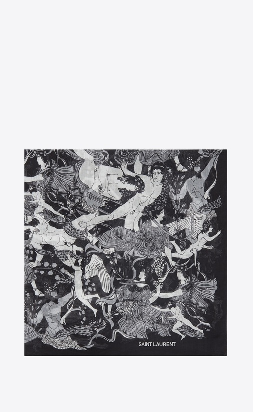 SAINT LAURENT Squared Scarves Man Bandanna with Ancient Greece print in black and gray cotton voile a_V4